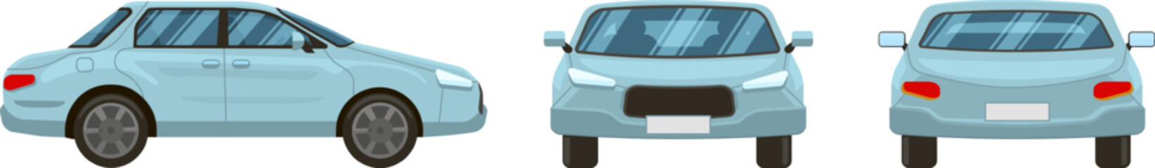 Featuring three vector illustrations showcasing front, rear, and side views of a generic light blue car, all isolated against a clean white background