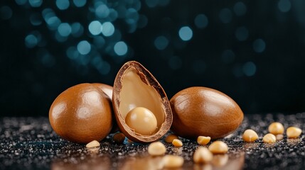 Argan Oil Nuts Close Up - Close-up shot of argan nuts, one broken open to reveal the kernel, against a dark background with bokeh.