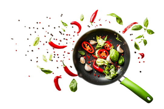 Fresh vegetables and chili in a frying pan with green handle isolated on a transparent background