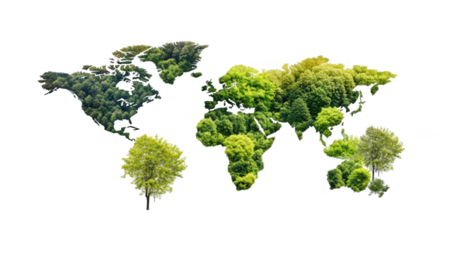 Earth Day PNG file, world map made with trees, symbolizing environmental sustainability and global conservation, isolated on white