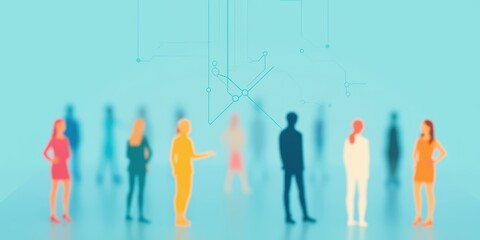 a group of people standing in a circle with a blue background