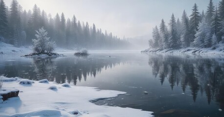 Obraz premium Ethereal snowfall on a frozen lake with soft focus, icy surface, serene landscape