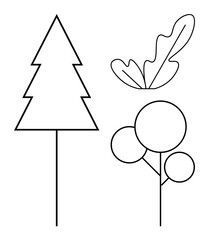 Stylized pine tree, round-top tree, and oak leaf. Ideal for eco-awareness, minimalistic design, nature conservation, educational materials, graphic design forest themes abstract art. Abstract line