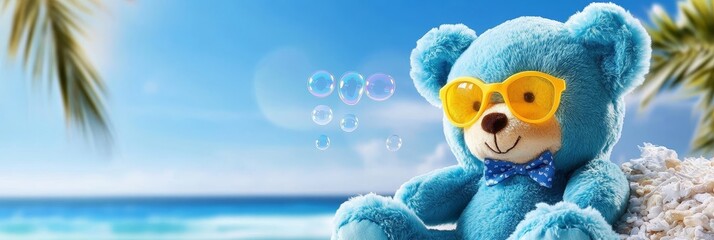 Cute Teal Teddy Bear Beach Day - A charming teal teddy bear enjoys a sunny beach day, blowing bubbles and symbolizing joy, relaxation, summer fun, childhood innocence, and carefree adventures.