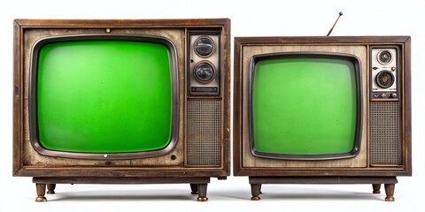 Retro Green Screen TVs: Vintage Televisions Isolated on White Background for Video Editing