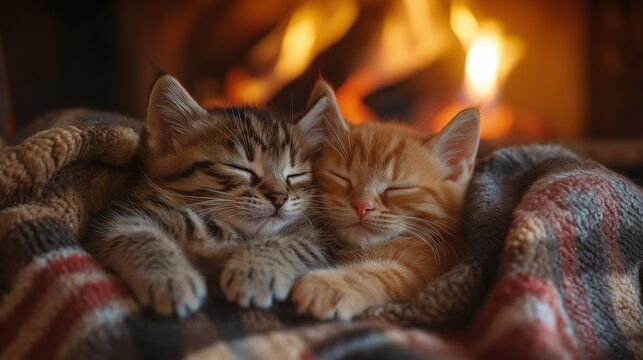 Two kittens lying together on a plaid blanket by a fireplace. Glowing warm light adding to the intimate mood.
