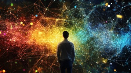 Person looks at vibrant glowing lines connecting nodes.