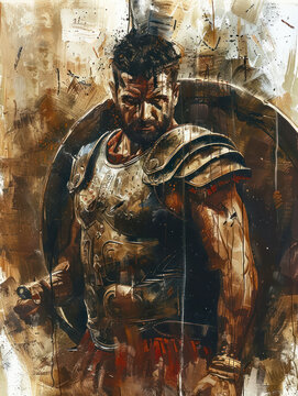 Gladiator in battle-worn armor holding a shield and sword