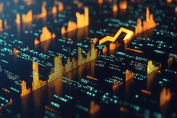 Dynamic 3D render of glowing orange stock market data graphs on a dark teal digital background.  Illustrates growth, technology, finance, and data visualization.