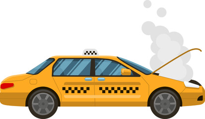 Obraz premium Yellow taxi cab with open hood emitting smoke, experiencing engine trouble and requiring roadside assistance, illustrating transportation problems and vehicle malfunction