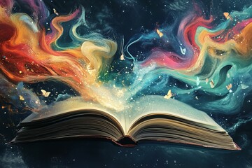 Open book emits colorful light, floating butterflies, dark background.