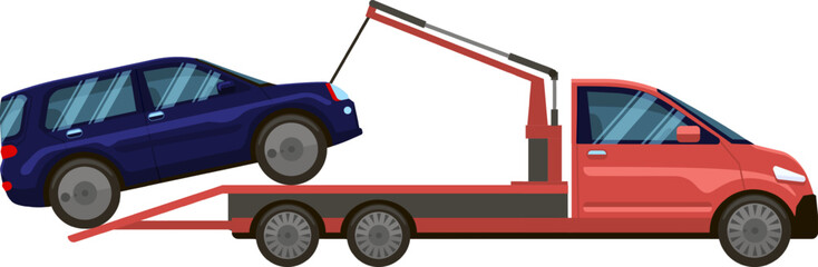 Fototapeta premium Red tow truck transporting a damaged blue car on a flatbed, delivering roadside assistance and support after an accident or mechanical breakdown on city streets