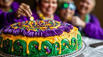 A diverse group of friends joyfully searches for a hidden coin in a beautifully decorated King Cake, surrounded by festive masks and beads
