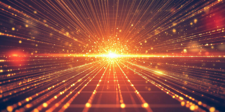 Futuristic grid landscape illuminated by radiant beams of light and particles in a vibrant digital universe. Generative AI