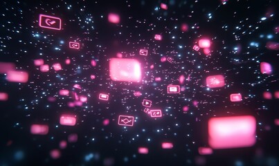 Pink squares float among glowing, stardust-like particles.