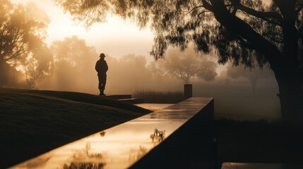 A lone soldier stands at the ANZAC memorial during a foggy dawn, honoring remembrance and sacrifice