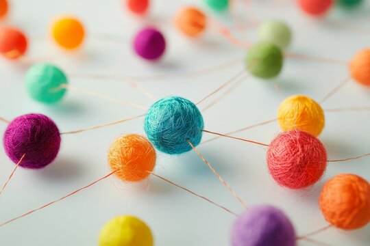 Colorful balls are connected by thin strings.