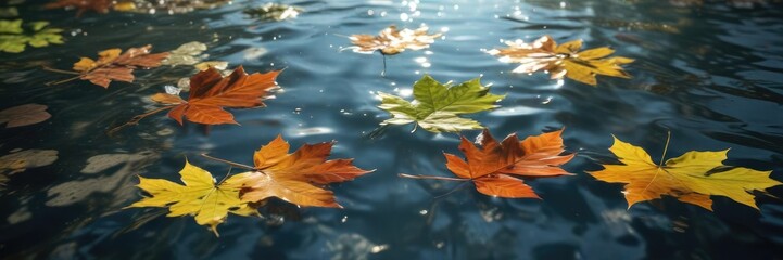 Floating leaves in water with sunlight filtering through , autumn leaves, fall leaves