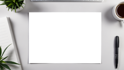 A4 Paper Mockup on Desk with Office Items, Top View, Minimalist Workspace with Copy Space