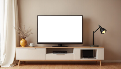Fototapeta premium Cozy Home Office with 3D TV on Modern Cabinet, Empty Screen, Simple Décor, Mockup