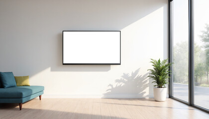 Modern Office Mockup with Sleek 3D TV on White Wall, Empty Screen, Minimalist Furniture, Soft Natural Light