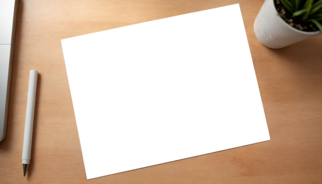 A4 Paper Mockup on Smooth Wooden Surface, Diagonal Layout, Softly Lit with Diffused Natural Light