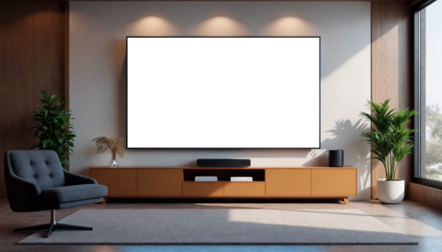 3D TV Mockup in Modern Office Setting, Empty Screen with Transparent Layer, Ultra-Realistic Lighting