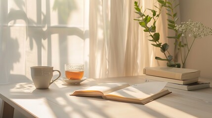 Sunlit Morning Tea Book And Flowers On Table