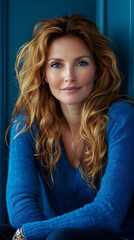 Fototapeta premium Portrait of a woman with curly blonde hair, wearing a blue sweater, seated indoors.