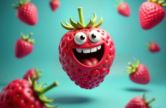 Floating whimsical strawberry character smiles broadly against vibrant blue backdrop. Joyful, playful fruit design. Imaginative, cheerful portrayal of summer bounty. Cute character design creative