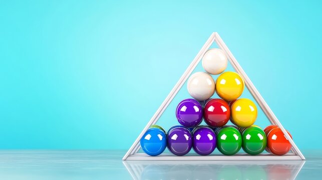 Colorful Spheres in Triangle Rack Close-Up - A detailed close-up of colorful spheres arranged in a triangle rack against a light blue background. Symbolizes balance, stability, unity, growth, and achi