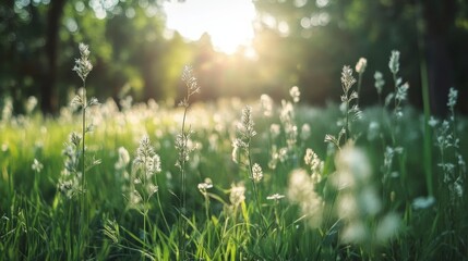 Obraz premium Sunlight spills over a field, softly illuminating delicate wild grasses, evoking a tranquil, idyllic natural scene.