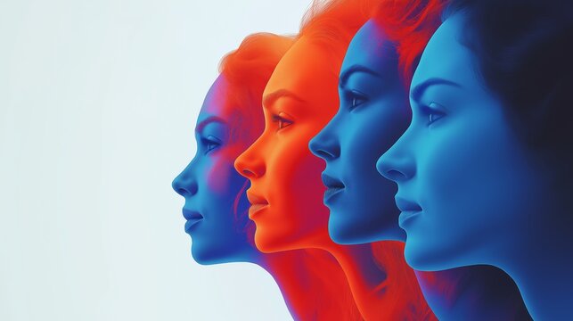 A minimalistic image featuring diverse women in profile, showcasing various roles with soft natural lighting and a gradient of blue and red tones