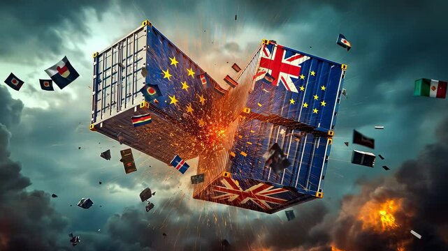 European Union and British flags cargo containers forcefully collide sky,representing Brexit's complexities.EU UK boxes clash mid-air:symbolism.Flying depict political tensions.visualized airborne