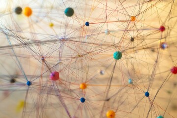 Abstract network with colorful orbs and connecting lines.