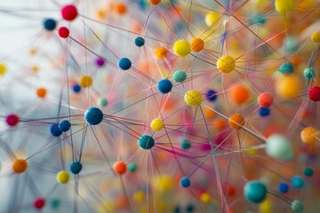 Connected colorful yarn balls on thin lines.