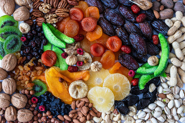 Nuts and dried fruit mix, healthy and wholesome food. Symbols of judaic holiday Tu Bishvat