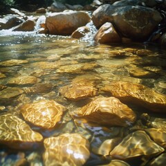 Fototapeta premium Clear Stream Flowing Through Rocky Shoreline