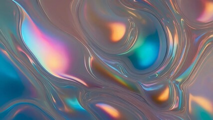An abstract image featuring swirling, iridescent patterns in shades of teal, pink, orange, and grey. The texture appears smooth and reflective, suggesting a liquid or viscous substance