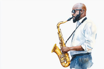 Fototapeta premium man playing saxophone in watercolor style, showcasing musical talent and passion