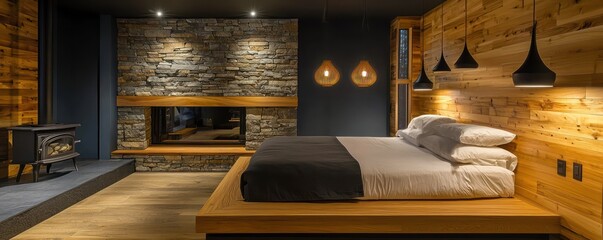 A bedroom designed with warm cedar wood accents and rugged fieldstone wall panels