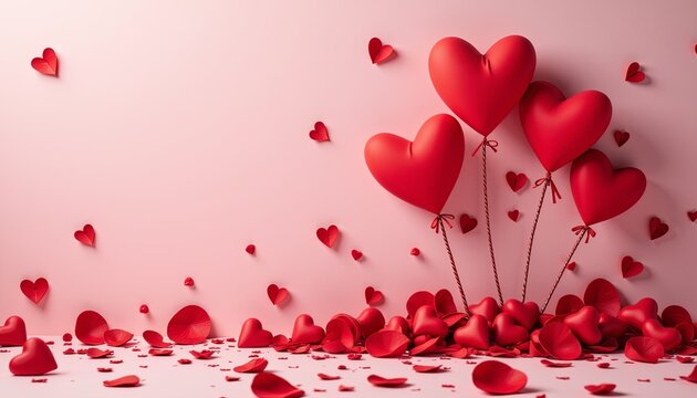 Pink background with red hearts and balloons with copy space