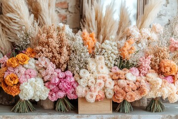 Vibrant bouquet of roses, carnations, and dried flowers paired with pampas grass for a rustic look.