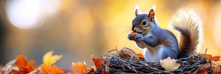 Fototapeta premium Squirrel in Autumn Nest - Adorable grey squirrel nestled in autumn leaves, enjoying a walnut. Warm, inviting fall scene.