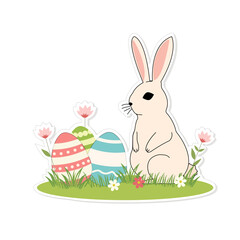 Easter bunny with eggs on the lawn sticker isolate