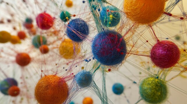 Connected colorful spheres with lines, soft focus look.