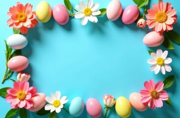 Easter Eggs is a beautiful light Easter layout with eggs, cherry blossoms and on a pastel blue background. view from above. a place to copy. flat layout. place for the text
