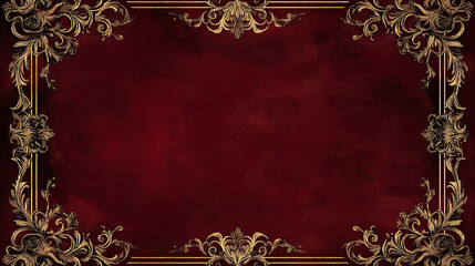 Ornate gold floral frame on rich burgundy velvet background for luxurious invitations, royal branding, or vintage-themed designs
