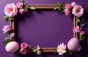 Easter Eggs is a beautiful light Easter layout with eggs, cherry blossoms and an Eggplant background. view from above. a place to copy. flat layout. place for the text