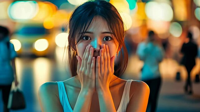 Young Asian woman surprised neon lit street night Excited female enjoying vivid urban nightlife Person awe bustling city environment Enthusiastic sightseer lively district Vibrant atmosphere